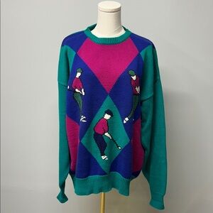 80s Vintage Novelty Golf Motif Sweater Argyle Cotton Pullover Size XL
